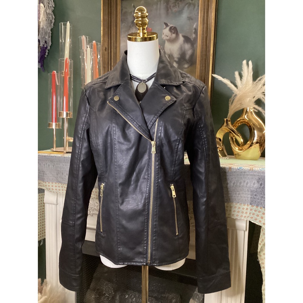 Baccini Womens Black Faux Leather Moto Jacket Gold Zip Biker Large NWT